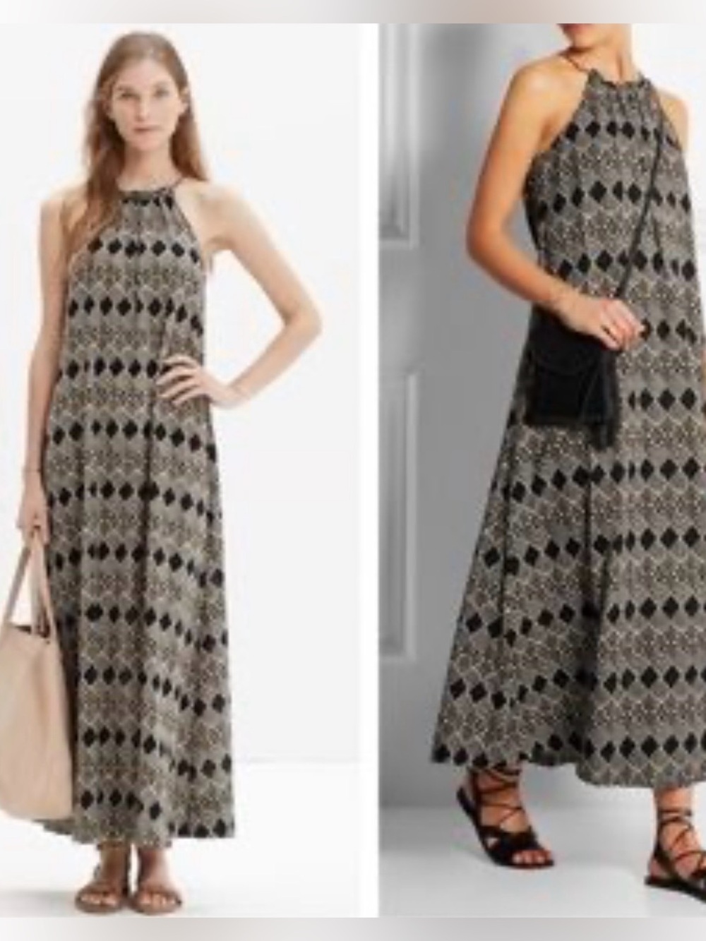 Madewell Black and Cream Halter-Style Printed Maxi Dress